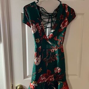 PrettyLittleThing Dark Green and Red Floral Backless Dress